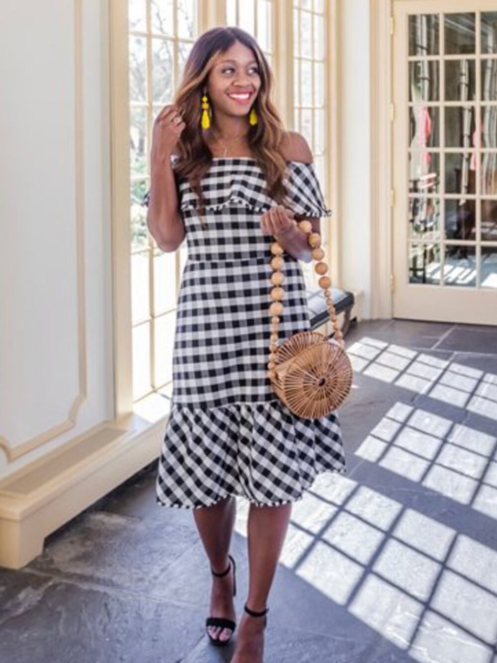 Gingham Off The Shoulder Midi Dress